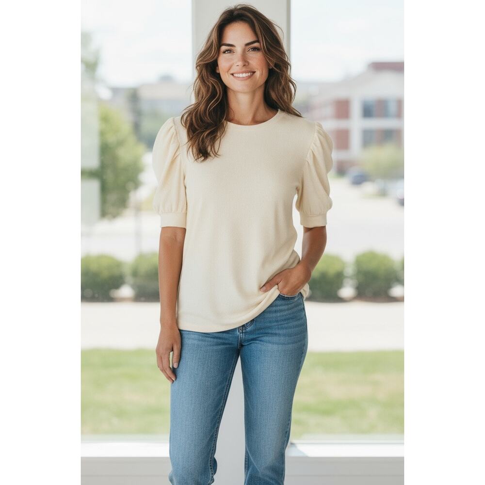 Vince Camuto NWT Puff Sleeve Top In Bone Size XXL Crew Neck Relaxed Fit Casual